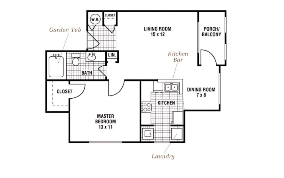 Augusta - 1 bedroom floorplan layout with 1 bathroom and 646 square feet