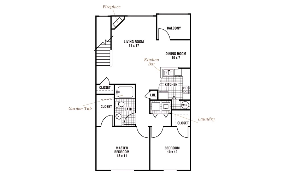 Bay Hill - 2 bedroom floorplan layout with 1 bathroom and 885 square feet