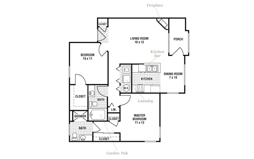 Crooked Stick - 2 bedroom floorplan layout with 2 bathrooms and 957 square feet