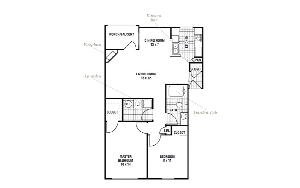 Cypress Pointe - 2 bedroom floorplan layout with 1 bathroom and 881 square feet