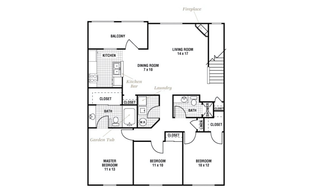 Peach Tree - 3 bedroom floorplan layout with 2 bathrooms and 1267 square feet