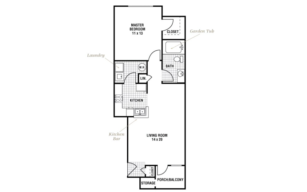 Pebble Beach - 1 bedroom floorplan layout with 1 bathroom and 677 square feet