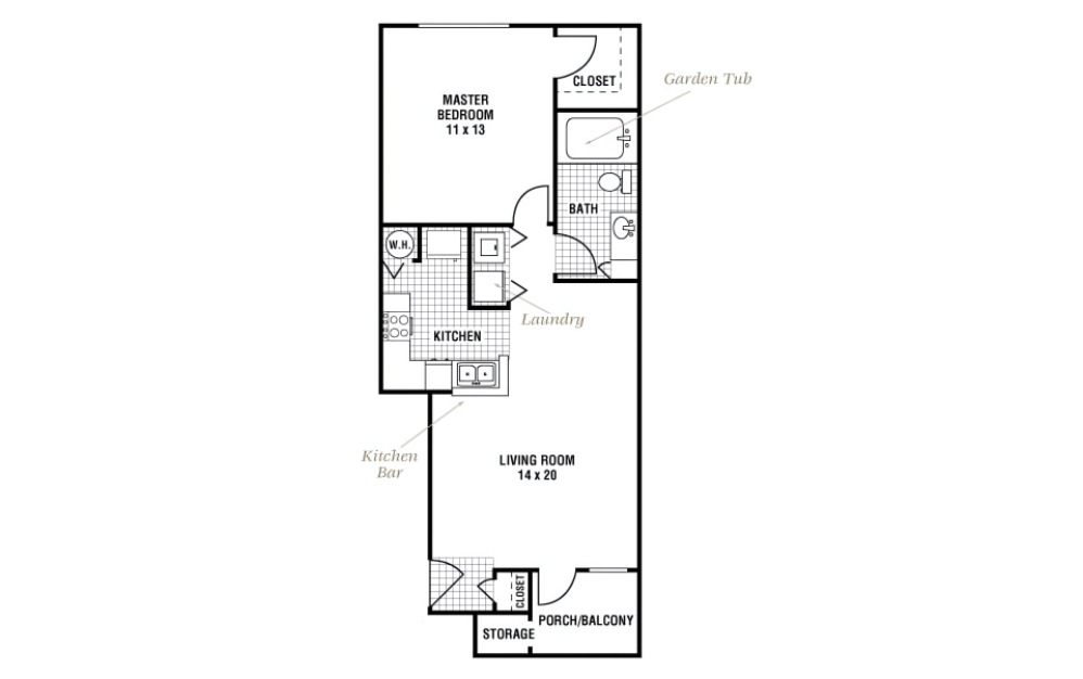 Pine Valley - 1 bedroom floorplan layout with 1 bathroom and 644 square feet