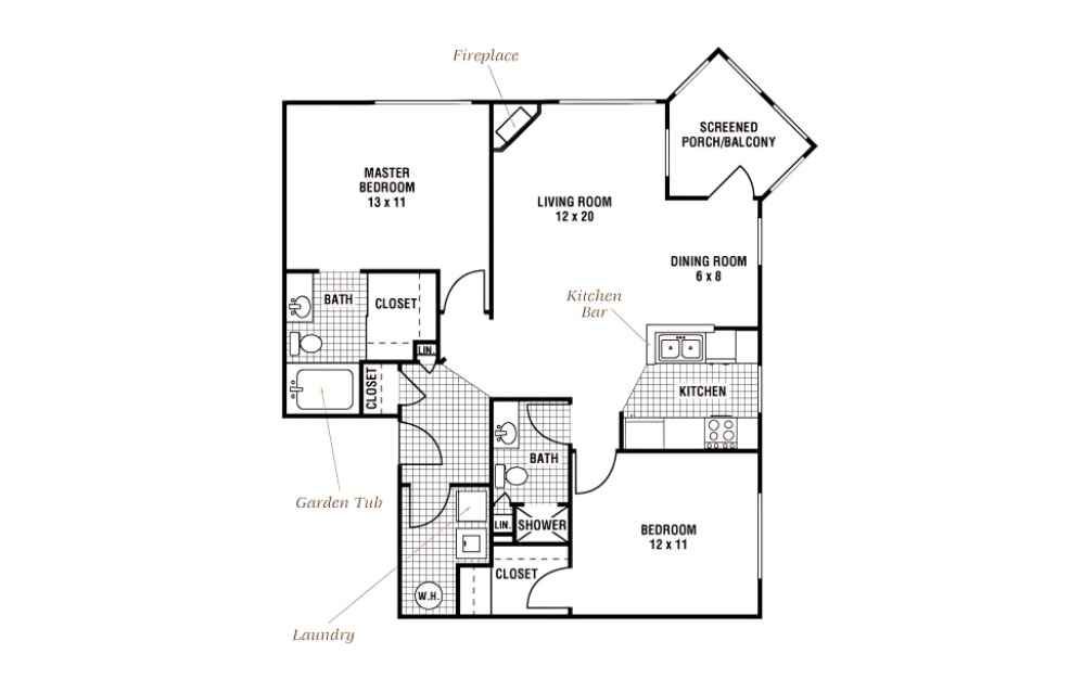 Pinehurst - 2 bedroom floorplan layout with 2 bathrooms and 1024 square feet