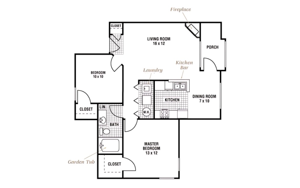 St. Andrews - 2 bedroom floorplan layout with 1 bathroom and 845 square feet