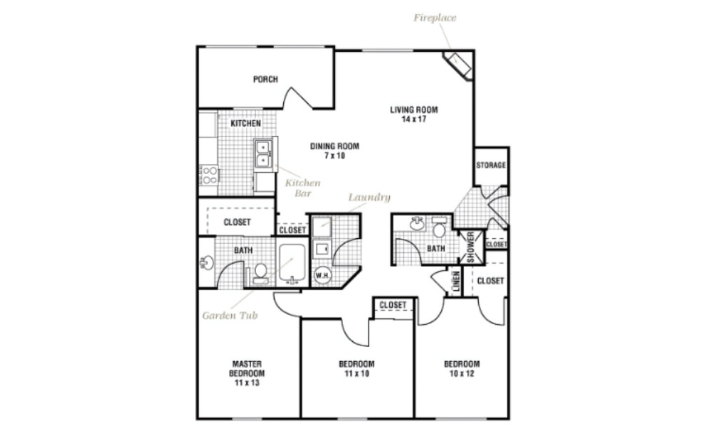 Torrey Pines - 3 bedroom floorplan layout with 2 bathrooms and 1209 square feet